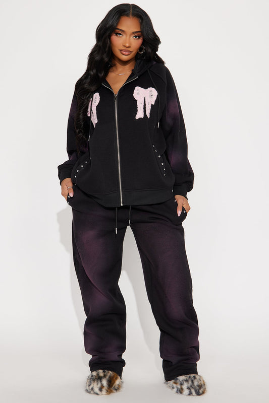 Bow Fleece Sweatsuit Black Wash Tracksuit | Womens tracksuit black wash fleece tracksuit set womens cozy tracksuits for women