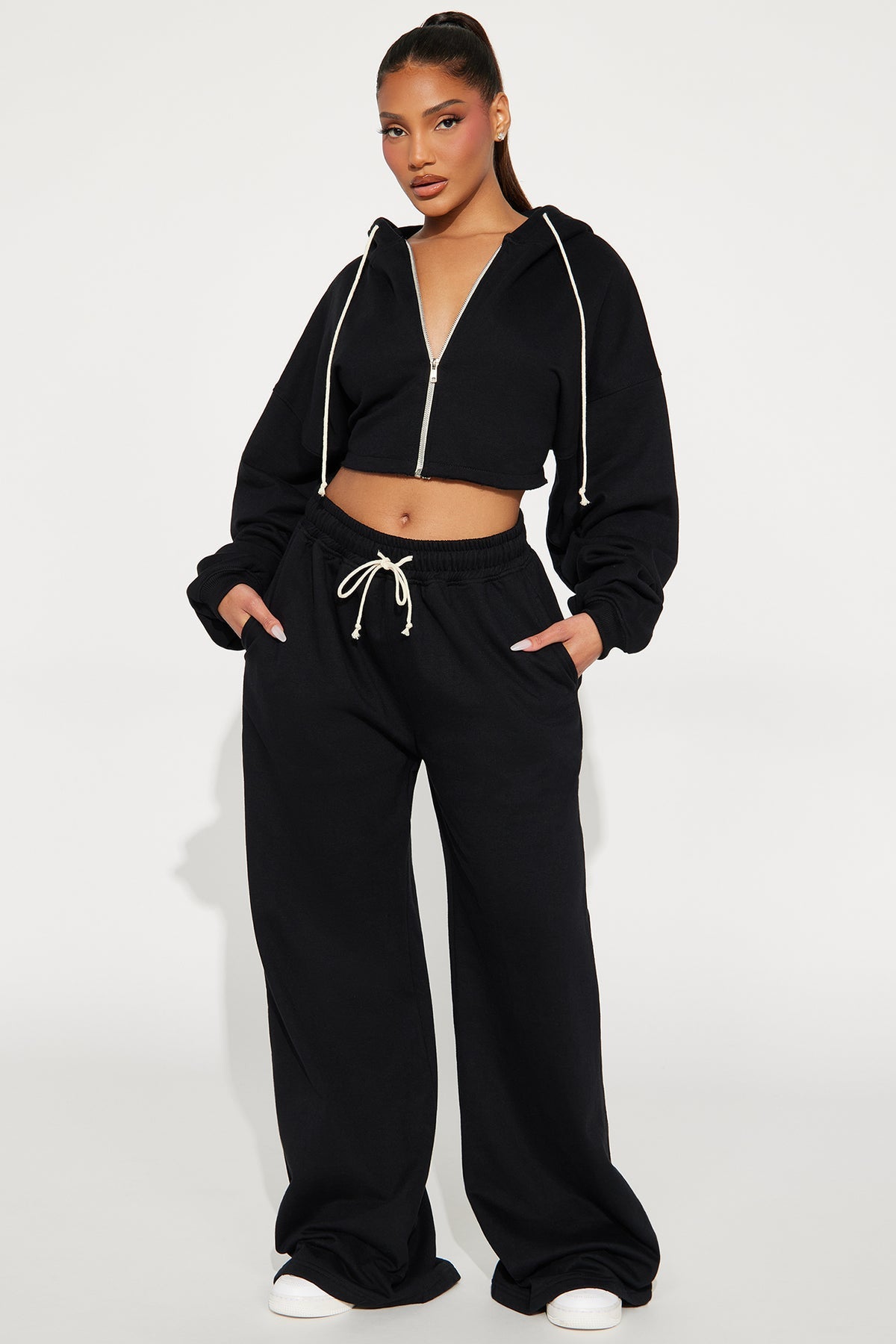 On The Way Black Tracksuit | Womens tracksuit black cropped hoodie tracksuit set womens trendy tracksuits for women wide leg
