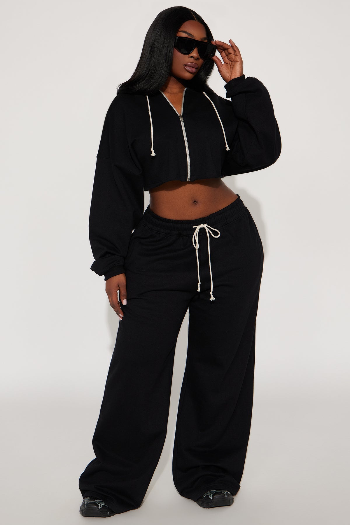 On The Way Black Tracksuit | Womens tracksuit black cropped hoodie tracksuit set womens trendy tracksuits for women wide leg