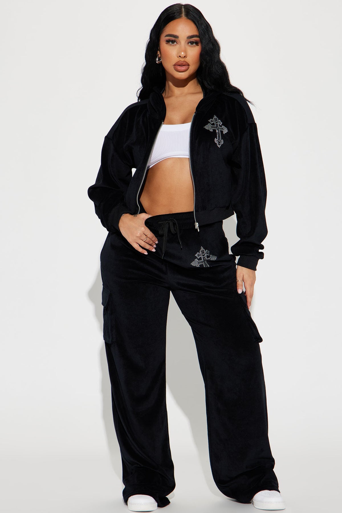 Saint Rhinestone Velour Black Tracksuit | Womens tracksuit black rhinestone velour tracksuit set womens luxury tracksuits for women