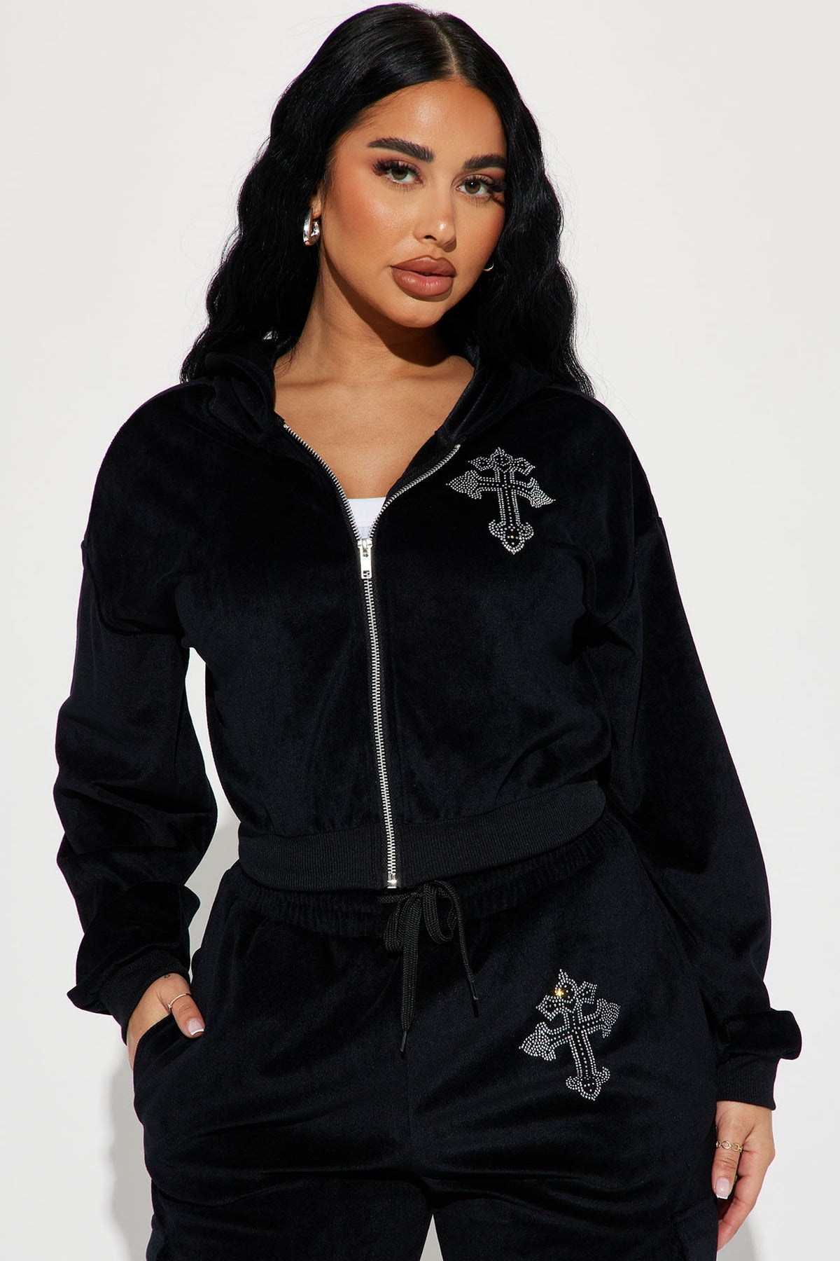Saint Rhinestone Velour Black Tracksuit | Womens tracksuit black rhinestone velour tracksuit set womens luxury tracksuits for women