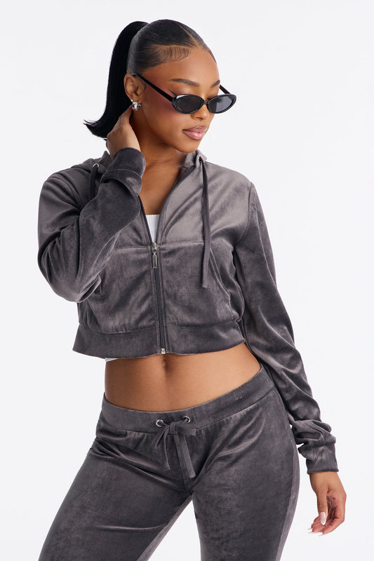 The Original Trendsetter Low Rise Velour Grey Tracksuit | Womens tracksuit grey velour low rise tracksuit set womens luxury tracksuits for women