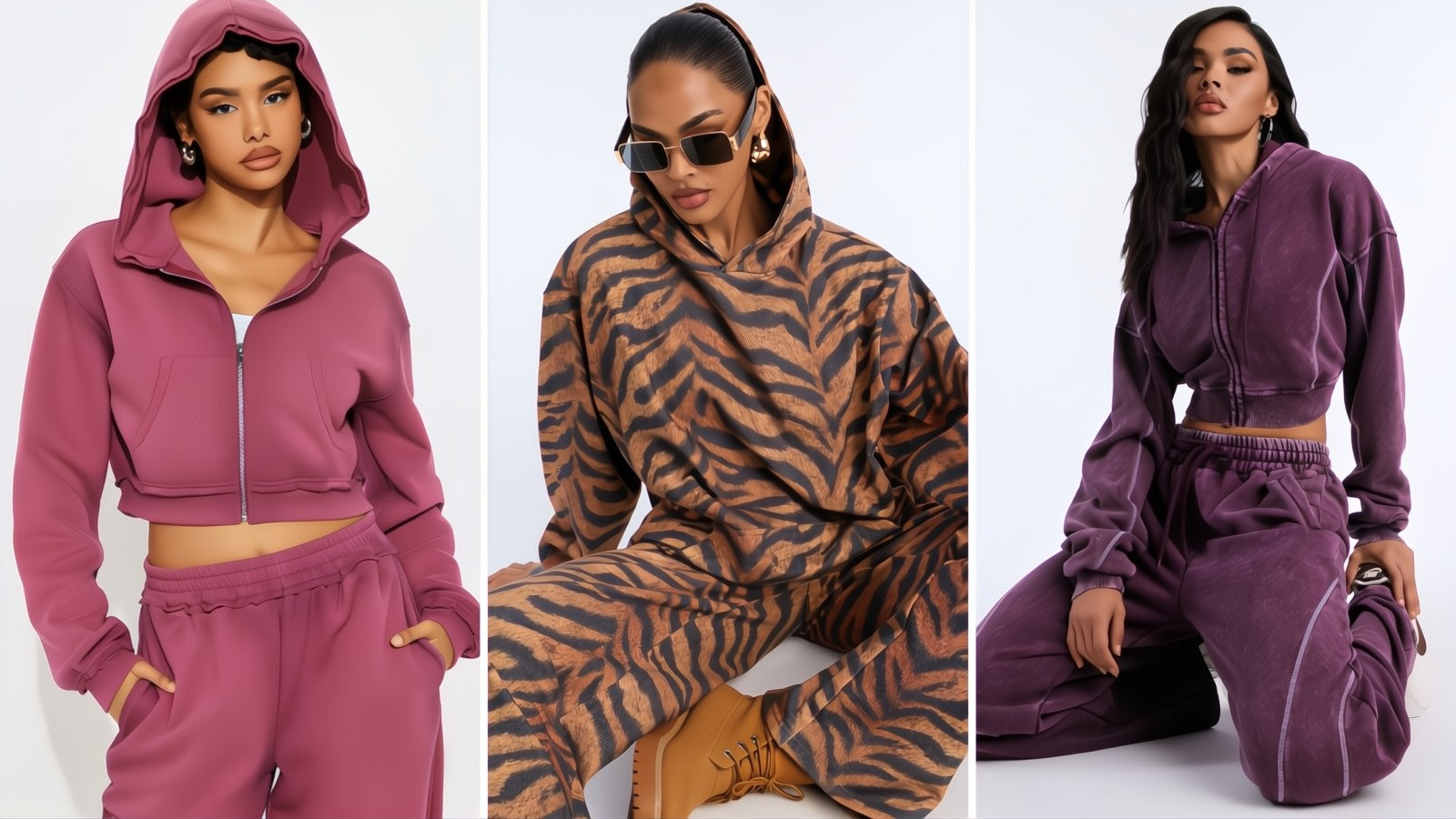 Womens tracksuits, Three women modeling different tracksuit designs on a white background